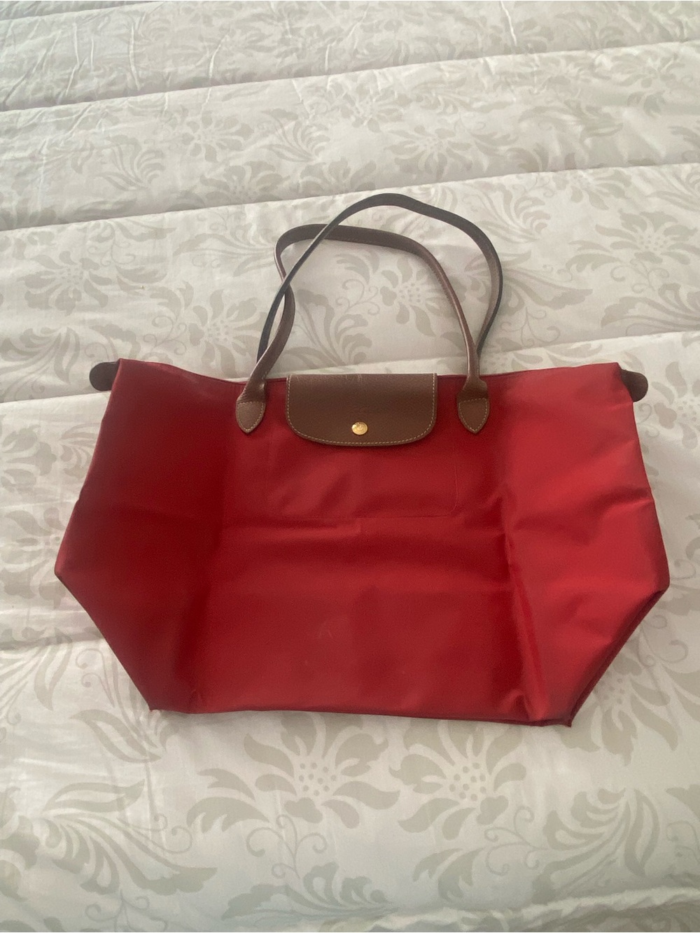 Longchamp Red Nylon Tote with Brown Leather Handles
